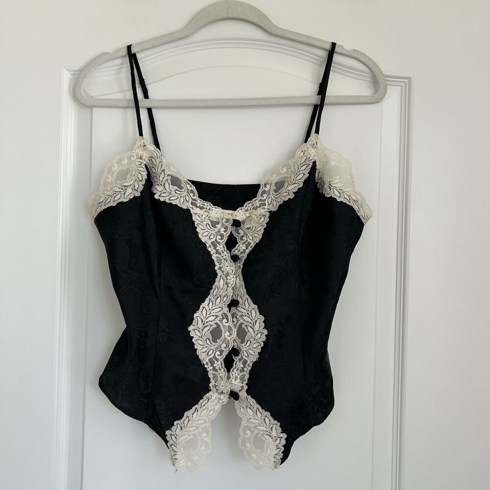 Vtg Victorias Secret Corset Top M Satin Cami Lace Coquette Fairycore Black RARE